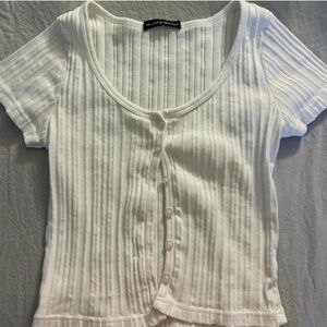 Brandy Melville Cream Ribbed Button Down Short Sleeve Top